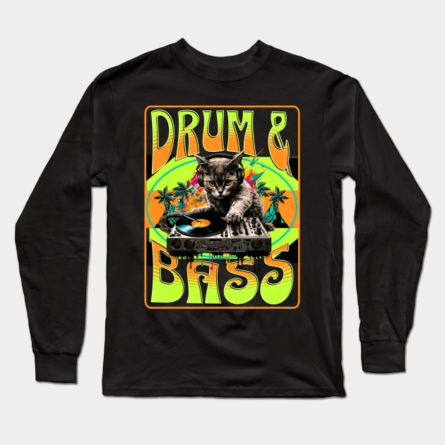 DRUM AND BASS  - Psychedelic Cat Dj (lime/orange) Long Sleeve T-Shirt by DISCOTHREADZ 